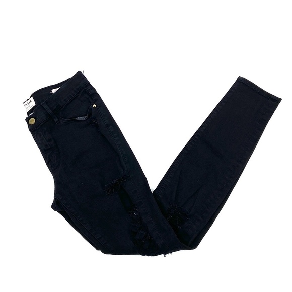 FRAME Black Distressed Le Skinny De Jeanne Film Noir Mid Rise Denim Jeans - Picture 2 of 10